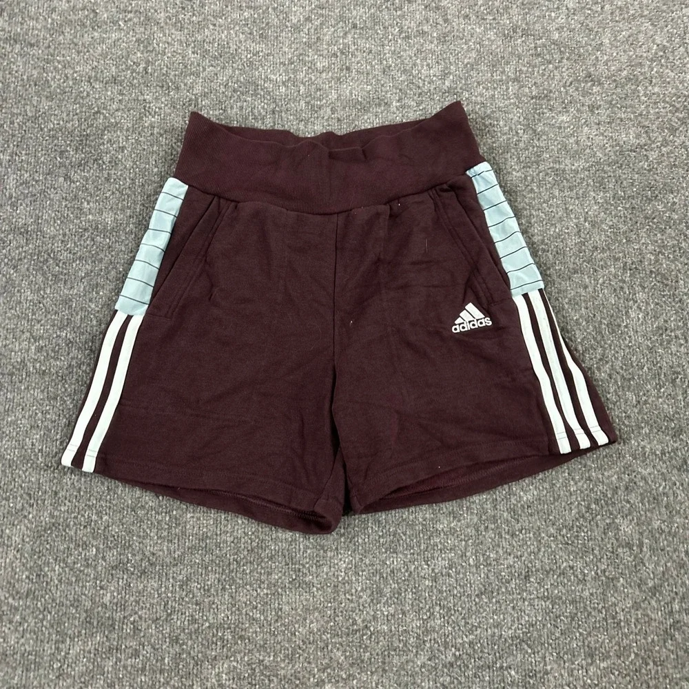 Adidas Shorts Womens Size S Maroon Burgundy Athletic Fleece 3 Stripe Pockets